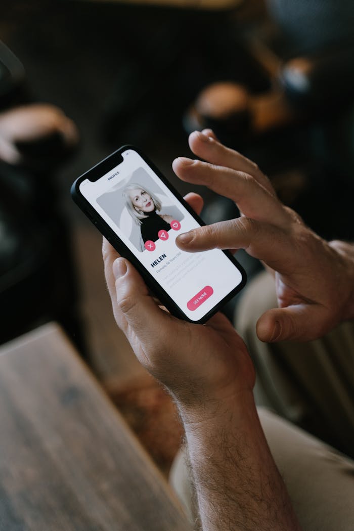 hero-gallery-02 Close-up of hands using a dating app on a smartphone indoors. Modern technology and online dating.